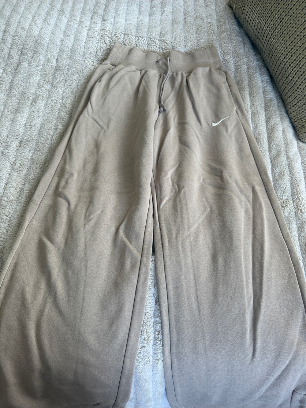Nike Taupe Wide-Leg Lounge Pants with White Swoosh Size Small